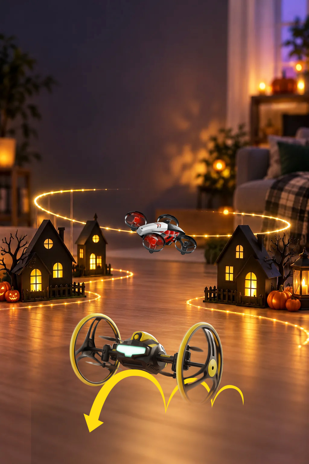 Land-and-air Halloween obstacle course inside a haunted house scene