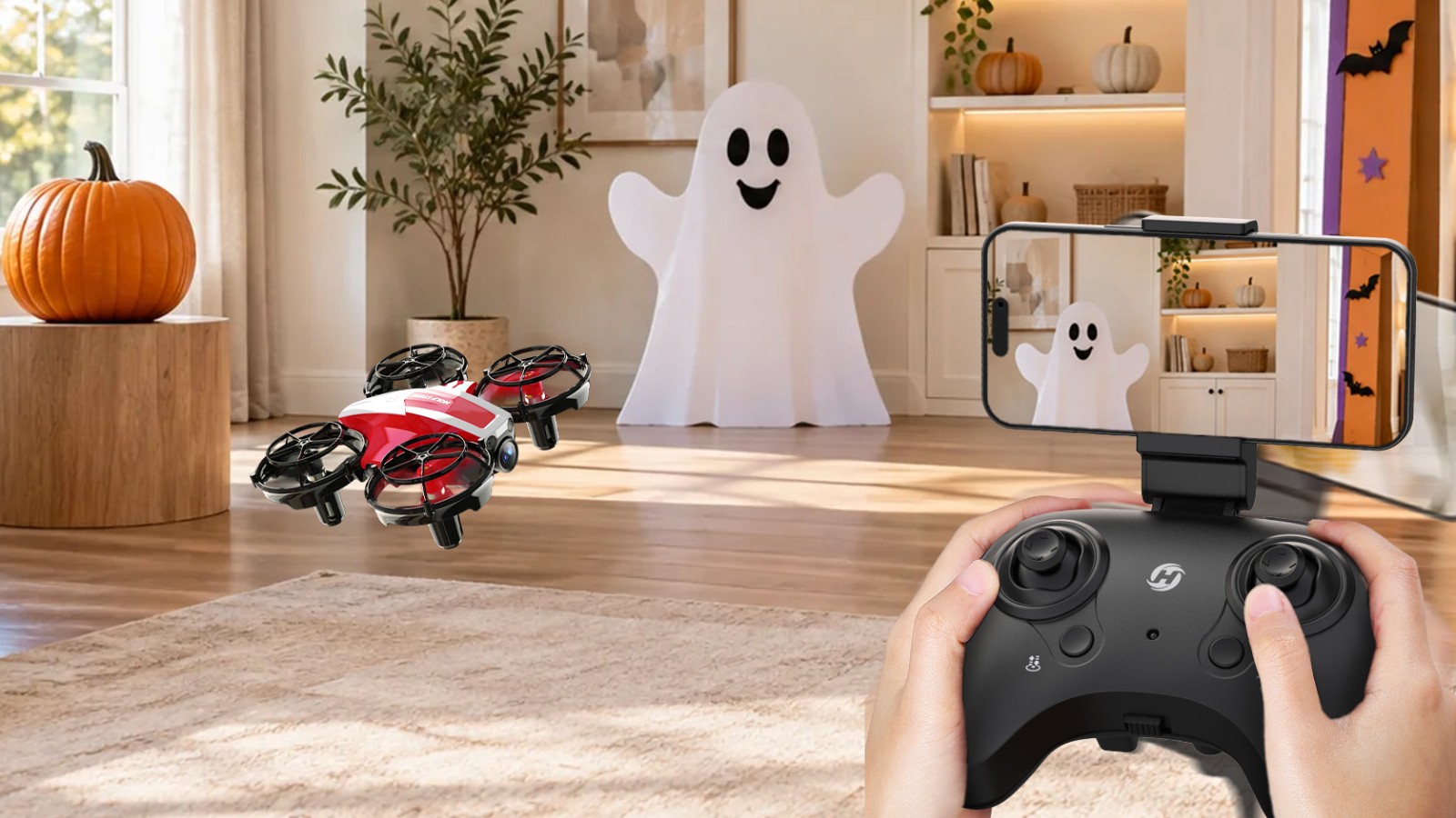 Indoor Halloween photo mission for Holy Stone HS210P and HS420 camera drones