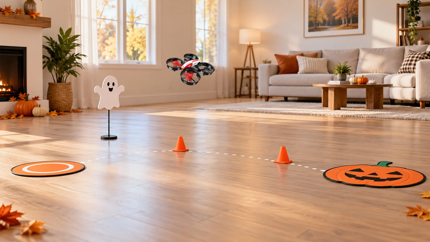 Halloween indoor flight school course for the Holy Stone HS210 mini drone