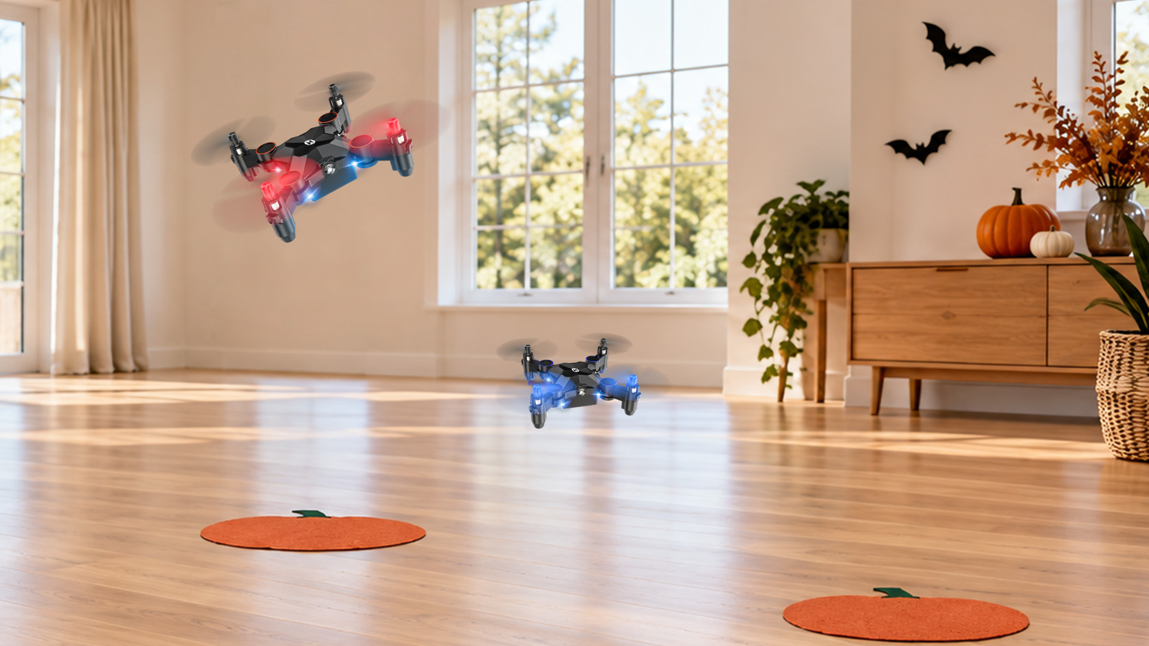 Three pumpkin landing pads for an indoor Halloween mini drone challenge