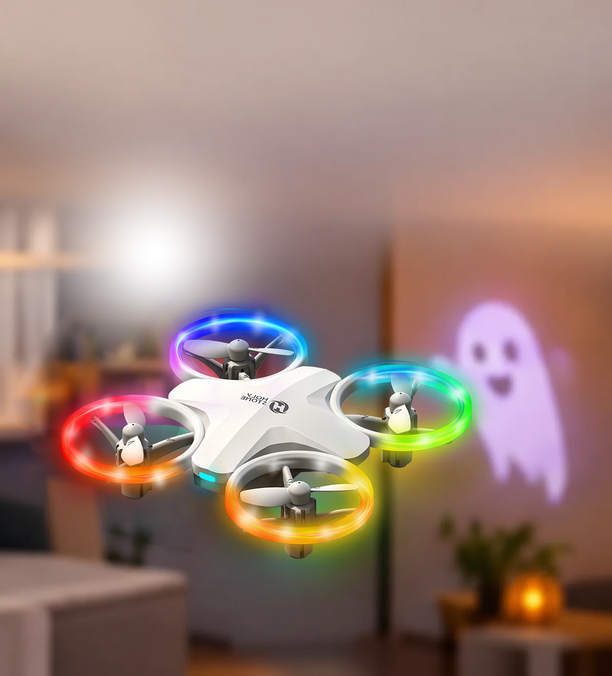 Indoor Halloween scene for an LED ghost patrol