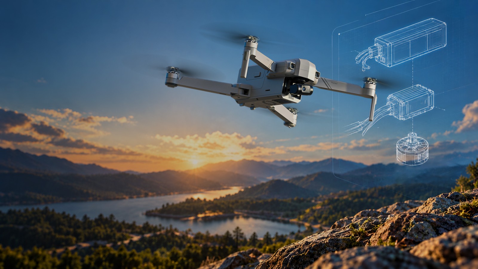 Drone power system hero showing battery, ESC and motor components against a mountain landscape